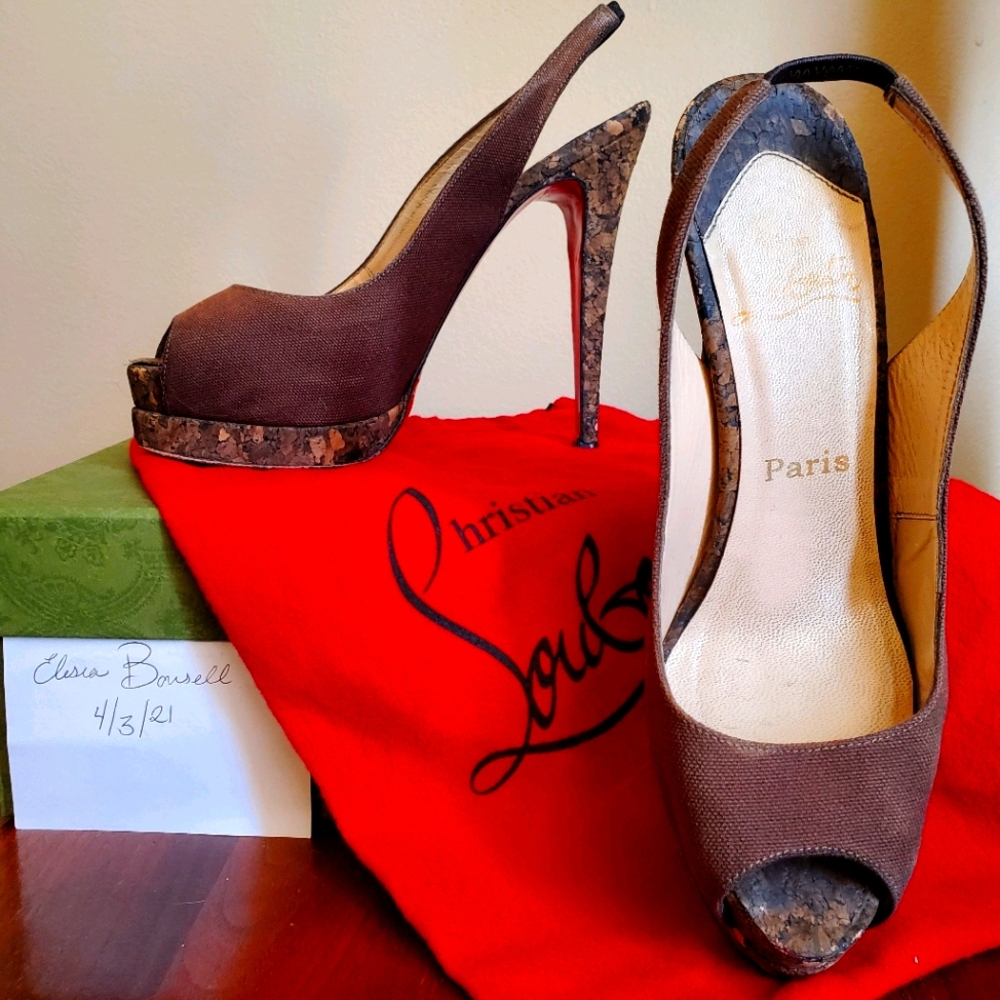 Christian Louboutin Brown canvas cork slingbacks